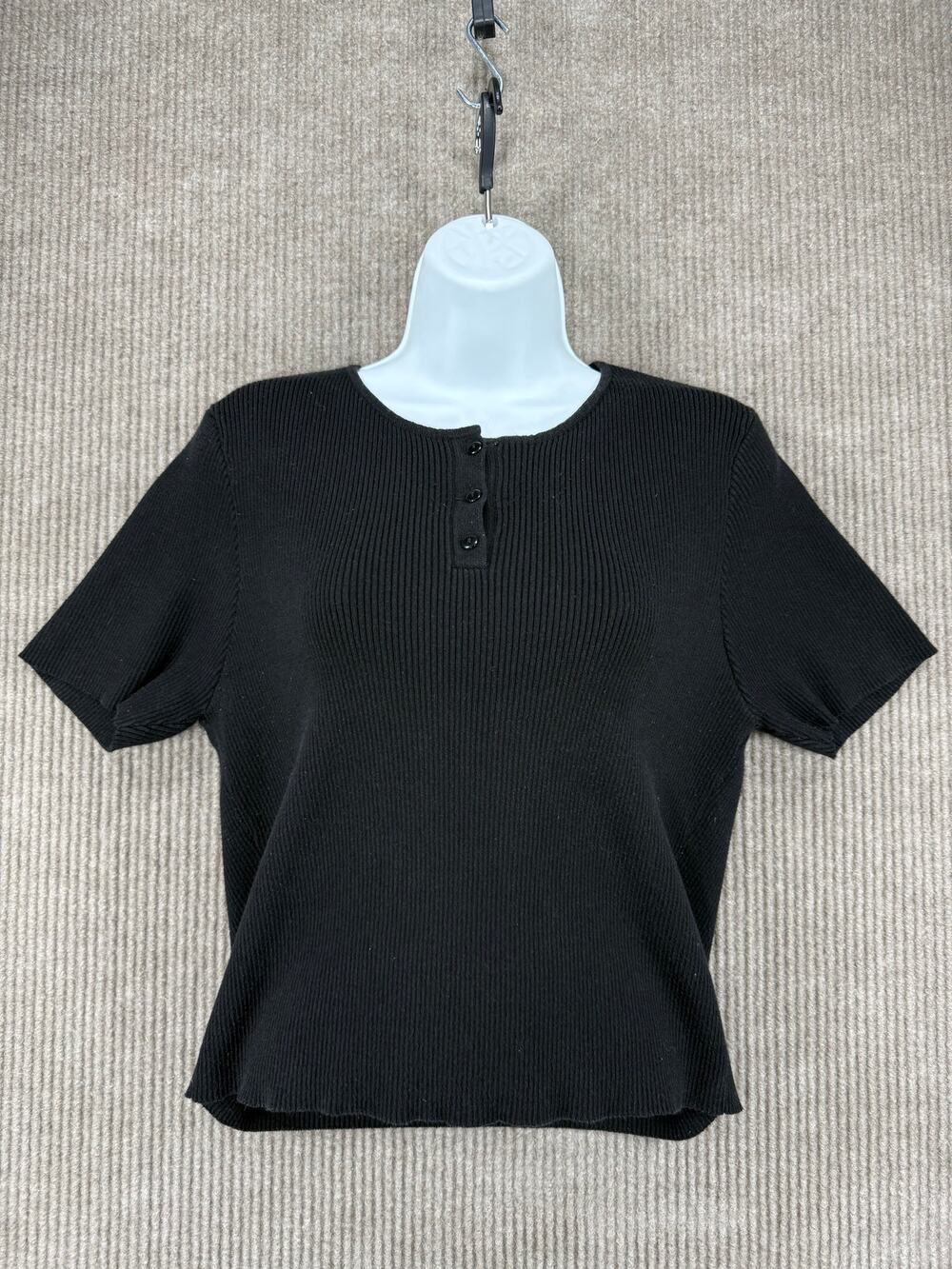Forever 21+ Black Ribbed Short Sleeve Henley Top 2X